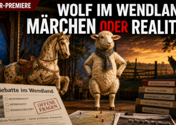 Eine theatralische Inszenierung von Peter und der Wolf im Wendland mit einem Schaf und einem Wolfsschatten.