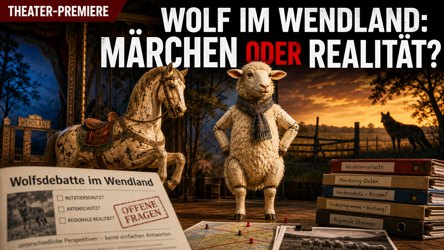 „Peter und der Wolf“ im Wendland: Ein Musikmärchen trifft auf die Wolfsdebatte 1 Eine theatralische Inszenierung von Peter und der Wolf im Wendland mit einem Schaf und einem Wolfsschatten.