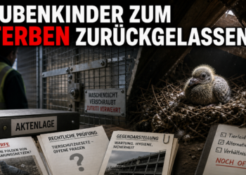 Berlin: Vier Taubenküken nach Vergrämung von Dachboden gerettet – PETA erstattet Anzeige 17 Taubenküken Berlin: Ein einsames Taubenküken in Berlin auf einem Dachboden hinter einer Metallabsperrung nach einer umstrittenen Taubenvergrämung.