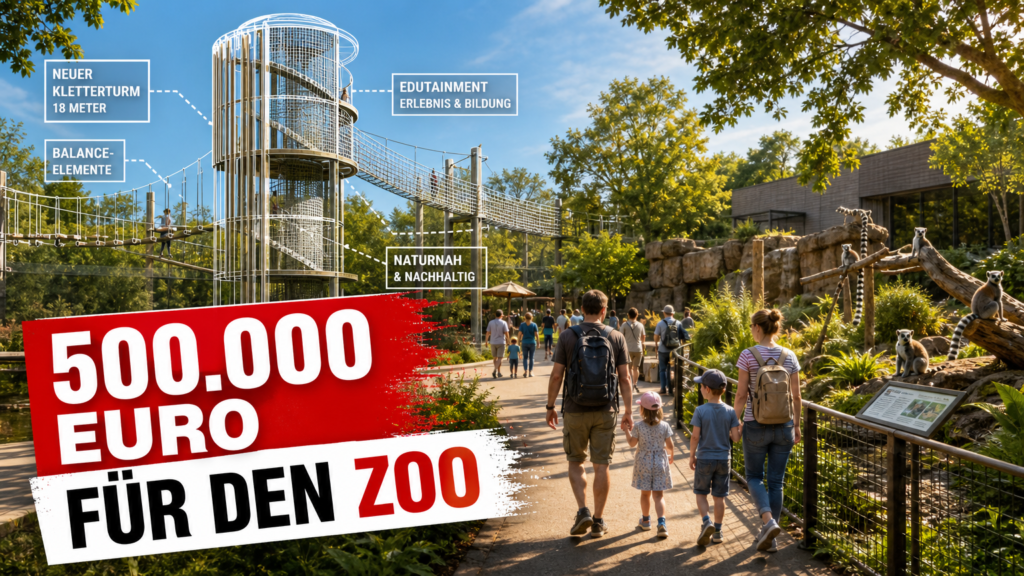 Visualisierung der neuen Zoopark Erfurt Spiel- und Bildungsangebote mit modernen Kletterelementen und Familien auf dem Zooweg.