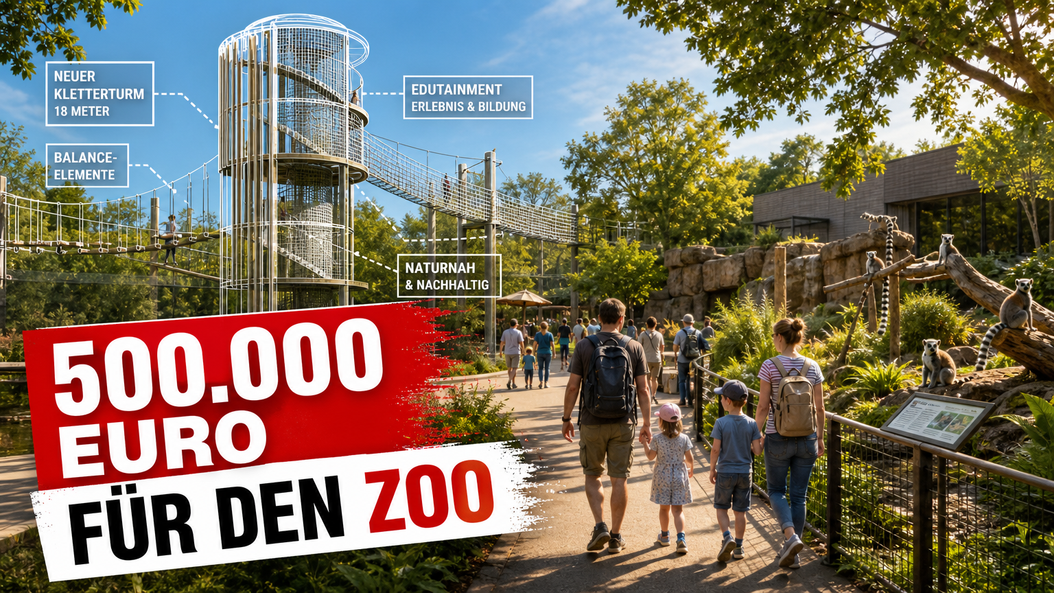 Zoopark Erfurt erweitert Spiel- und Bildungsangebote 1 Visualisierung der neuen Zoopark Erfurt Spiel- und Bildungsangebote mit modernen Kletterelementen und Familien auf dem Zooweg.