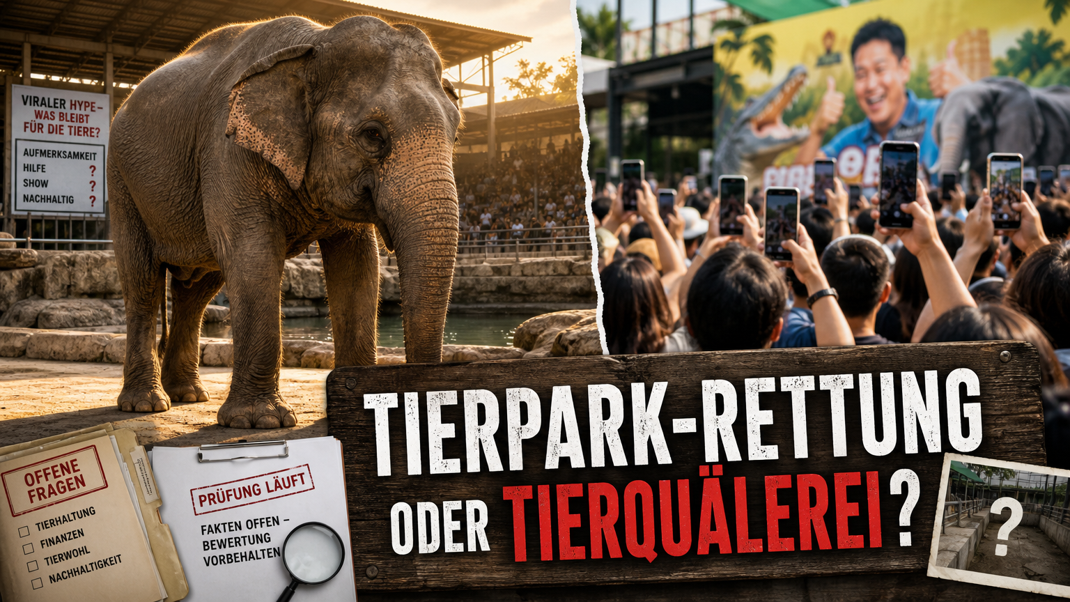 Ein Elefant in der Crocodile Farm and Zoo in Samut Prakan vor einer Menschenmenge mit Smartphones.
