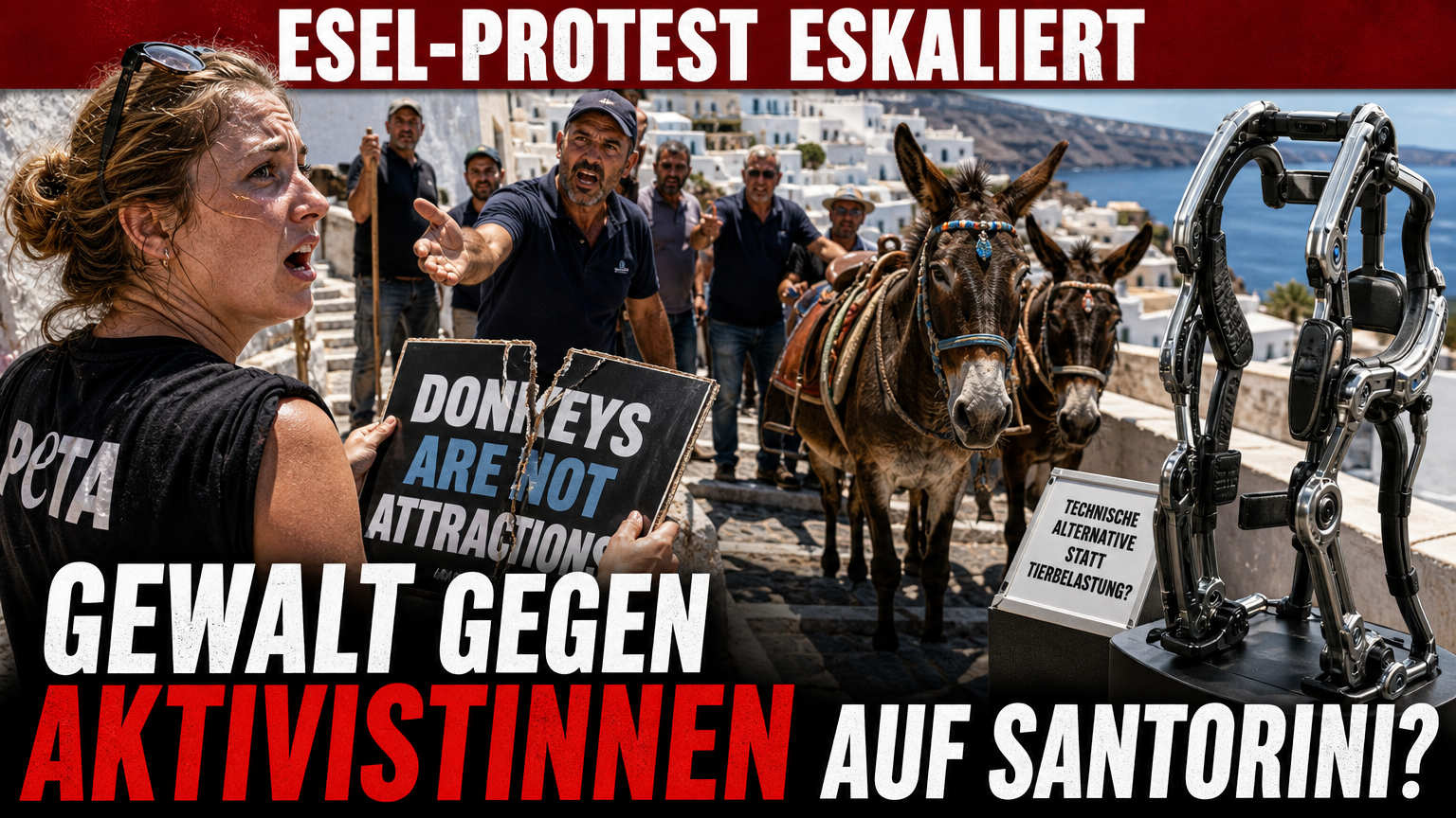 Ein dramatischer Angriff auf PETA-Aktivistinnen auf Santorini während eines Protests gegen Eselritte.