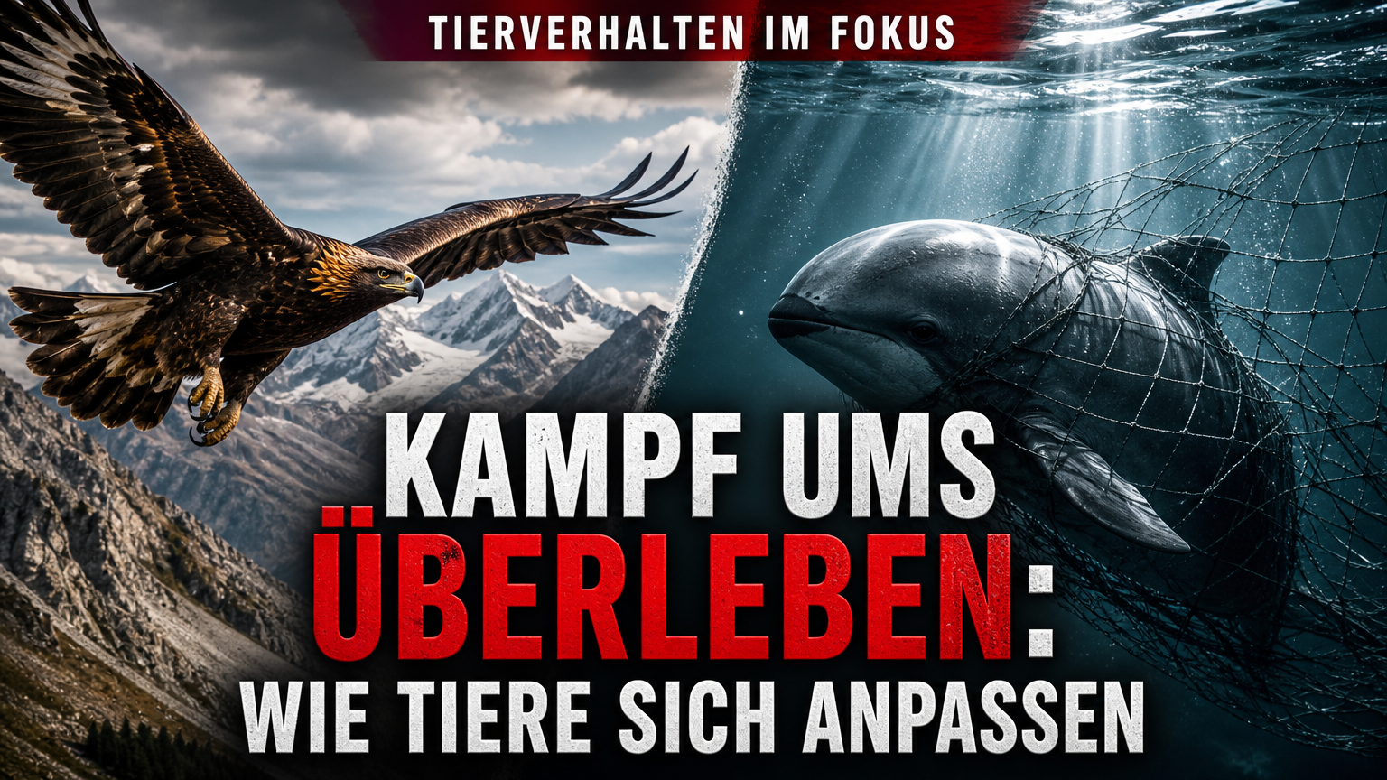 Ein Steinadler über den Alpen und ein Schweinswal in einem Stellnetz als Symbol für Tierverhalten und Artenschutzforschung.