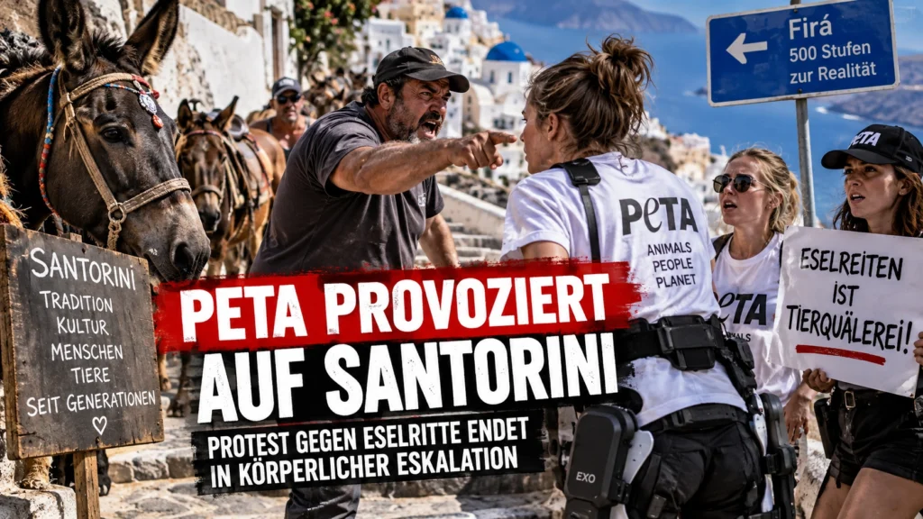 PETA provoziert auf Santorini: Aktivistinnen, Eseltreiber und Esel bei einer zugespitzten Protestszene gegen Eselritte.