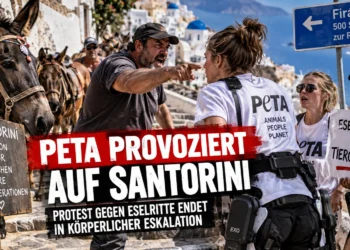 PETA provoziert auf Santorini: Streit um Eselritte endet in körperlicher Eskalation 15 PETA provoziert auf Santorini: Aktivistinnen, Eseltreiber und Esel bei einer zugespitzten Protestszene gegen Eselritte.