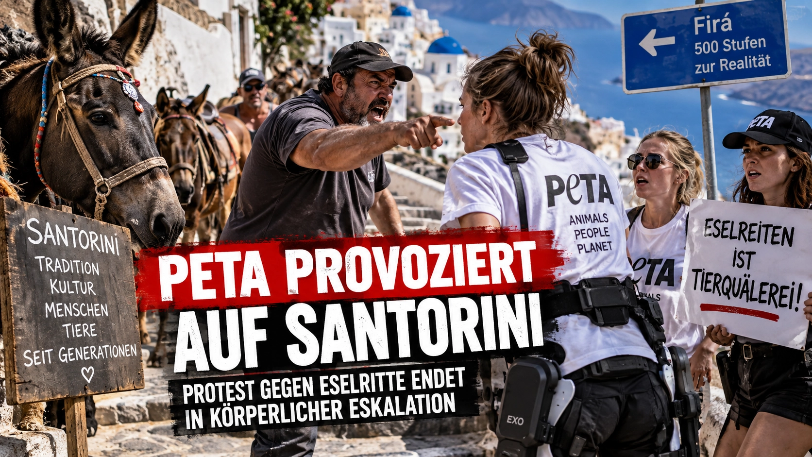 PETA provoziert auf Santorini: Aktivistinnen, Eseltreiber und Esel bei einer zugespitzten Protestszene gegen Eselritte.
