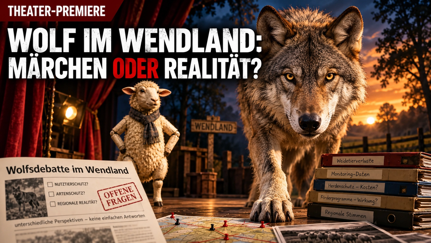 Peter und der Wolf im Wendland: Wolf und Schaf vor einer Theaterkulisse zur aktuellen Wolfsdebatte.