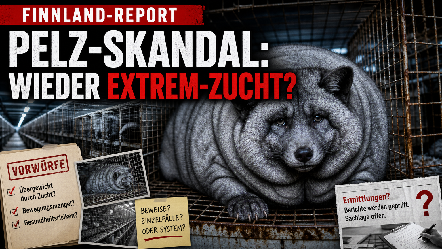 extrem übergewichtige Blaufüchse: Ein extrem übergewichtiger Blaufuchs in einem Drahtkäfig einer finnischen Pelzfarm als Symbol für die aktuelle Debatte um die Zucht.