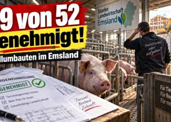 Stallumbauten Emsland: Genehmigter Schweinestall mit Bauunterlagen und Hinweis auf 49 von 52 genehmigte Umbauten.