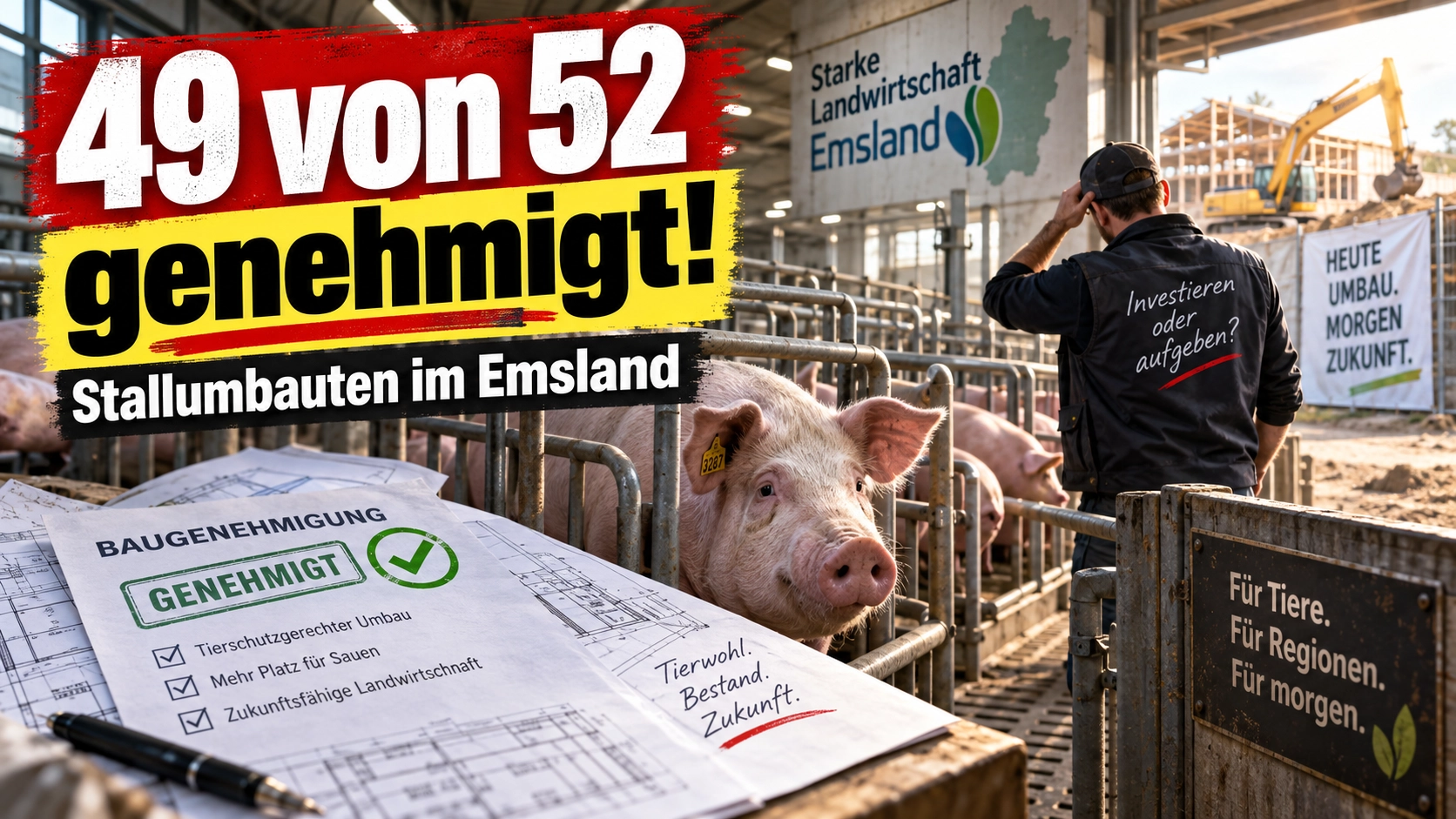 Stallumbauten Emsland: Genehmigter Schweinestall mit Bauunterlagen und Hinweis auf 49 von 52 genehmigte Umbauten.