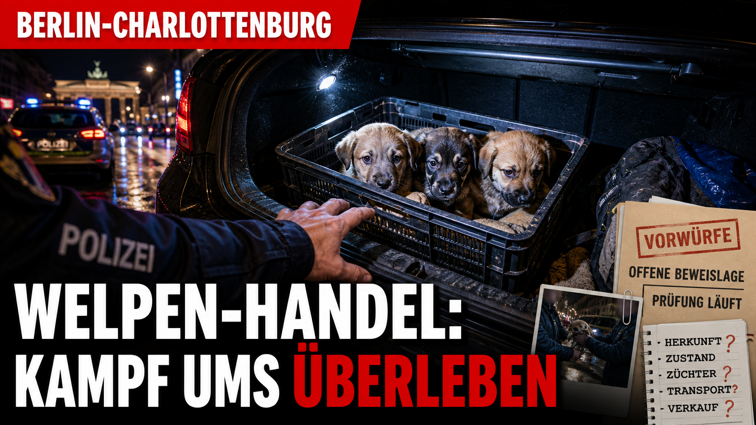 illegaler Welpenhandel in Berlin: Polizeiliche Sicherstellung von Welpen bei einem Einsatz gegen den illegalen Welpenhandel in Berlin.