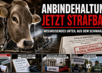Ein Strafbefehl wegen Anbindehaltung von Rindern liegt neben einer Kette in einem Stall, um die juristische Auseinandersetzung um die Haltungsform zu verdeutlichen.