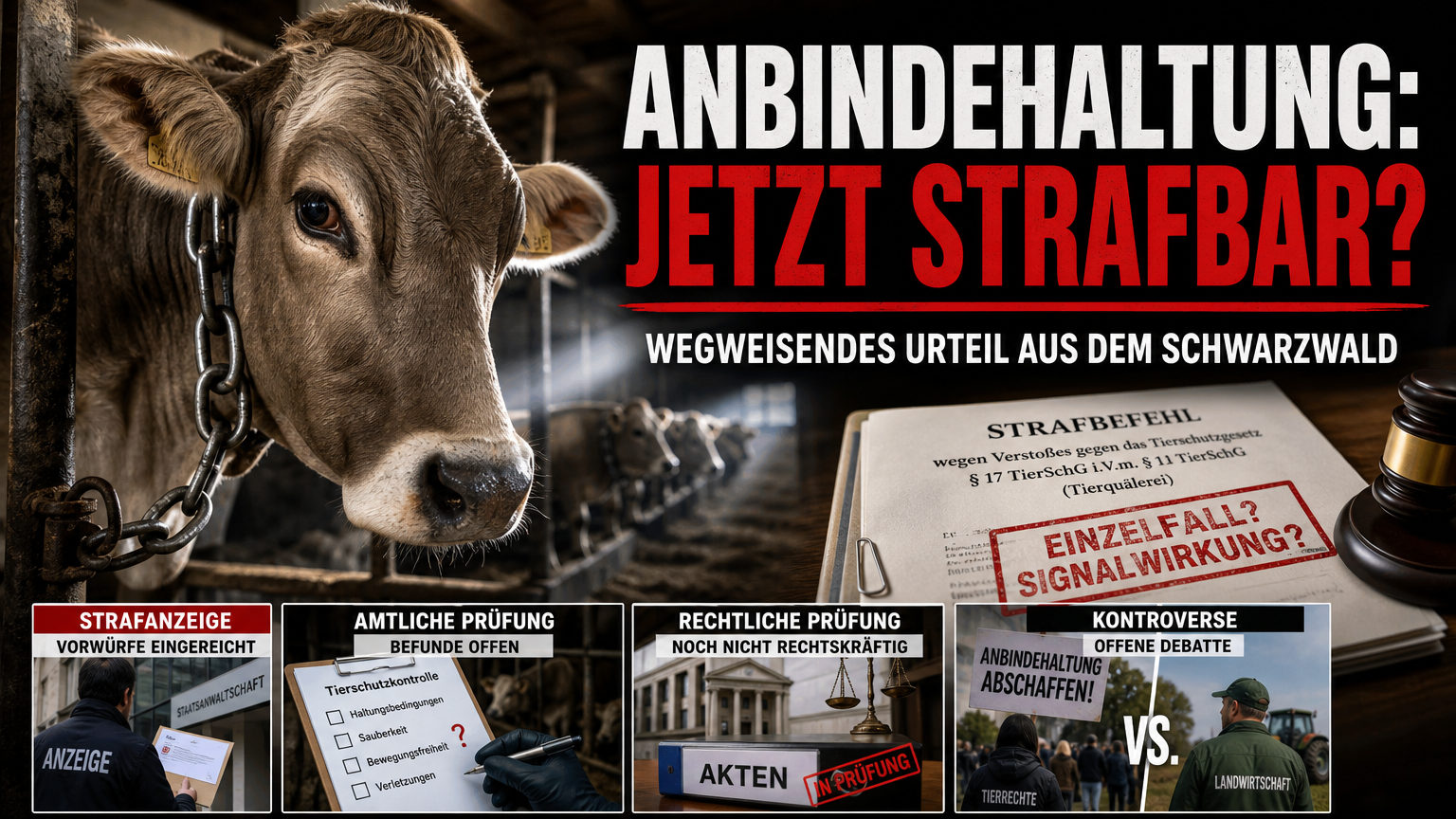 Ein Strafbefehl wegen Anbindehaltung von Rindern liegt neben einer Kette in einem Stall, um die juristische Auseinandersetzung um die Haltungsform zu verdeutlichen.