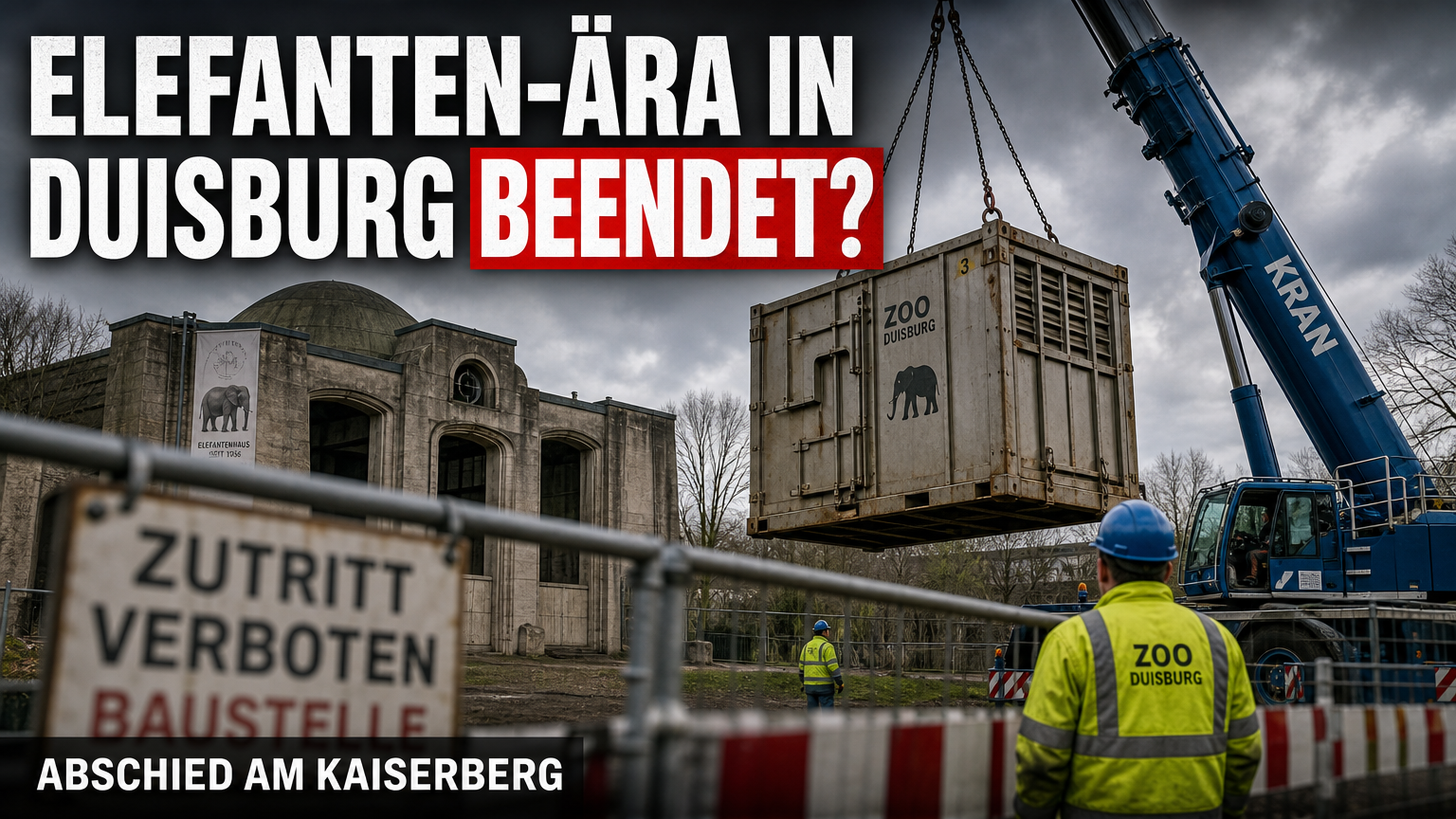 Ein Industriekran verlädt eine Transportbox beim Ende der Elefantenhaltung im Zoo Duisburg