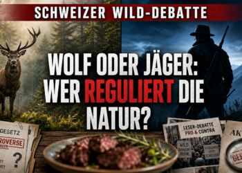 Symbolische Darstellung der kontroversen Jagd in der Schweiz mit einem Hirsch im Bergwald und der Silhouette eines Jägers.