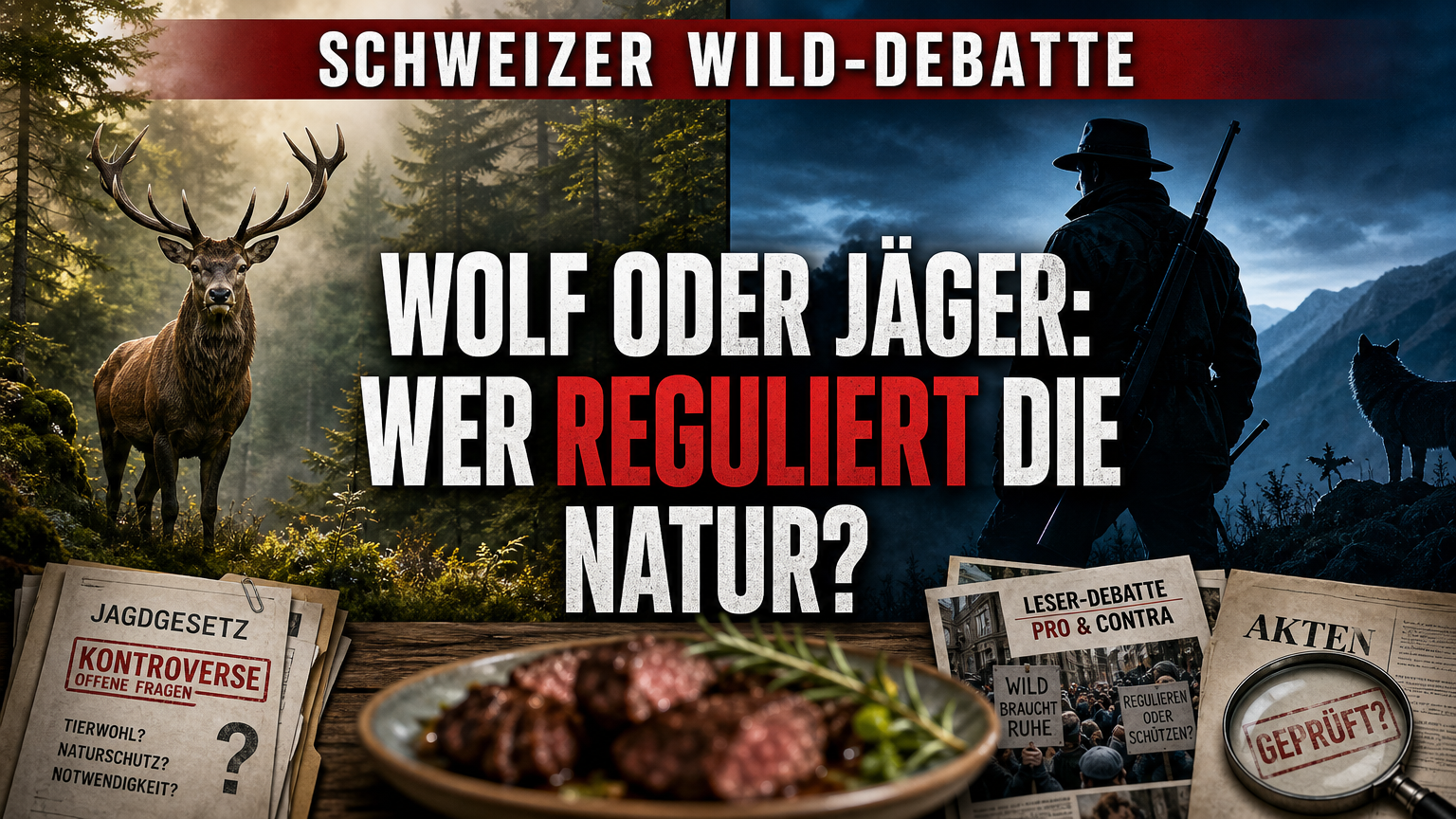 Jagd in der Schweiz: Zwischen Wildtiermanagement und ethischer Grundsatzfrage 1 Symbolische Darstellung der kontroversen Jagd in der Schweiz mit einem Hirsch im Bergwald und der Silhouette eines Jägers.