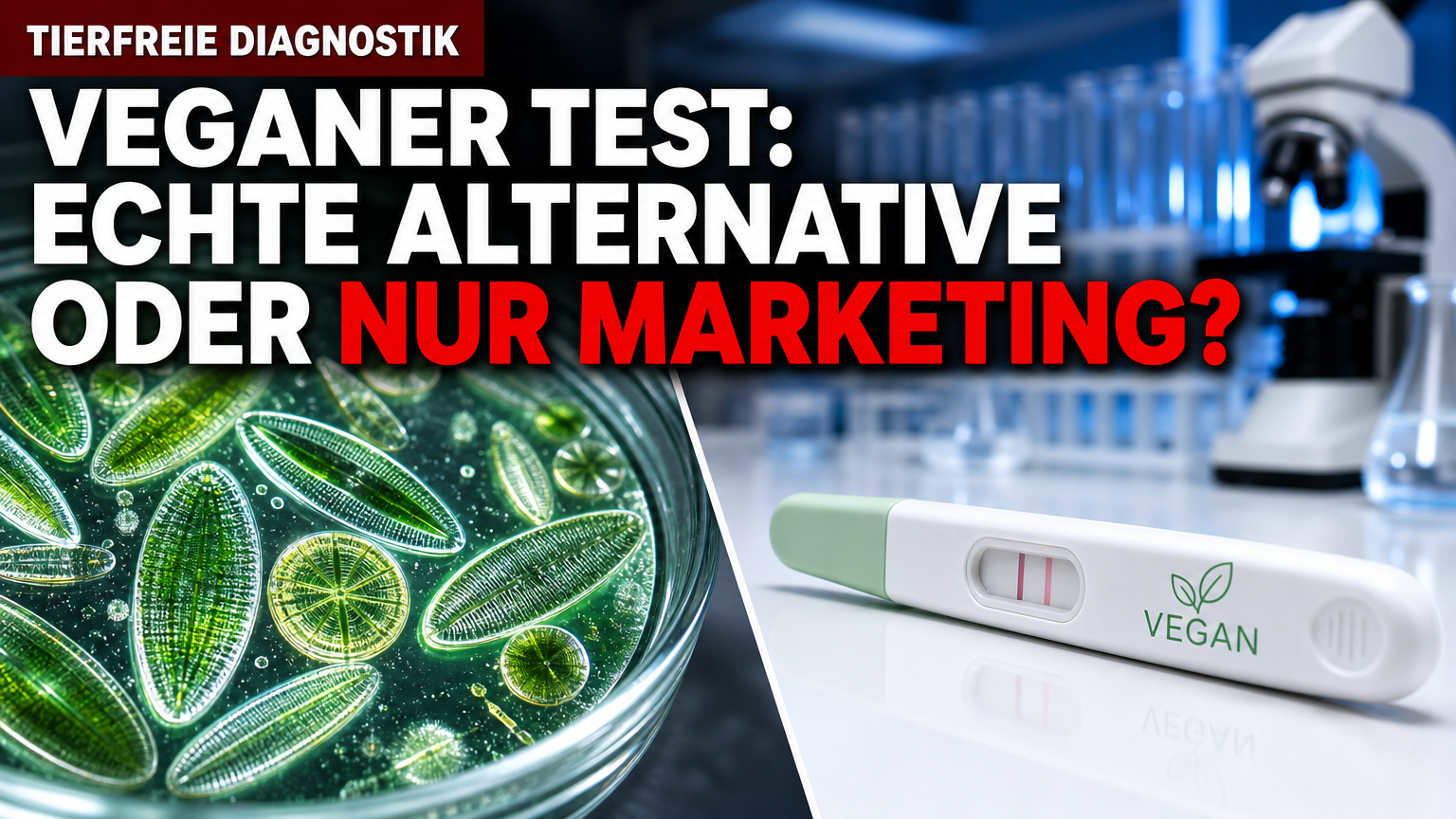 Ein moderner veganer Schwangerschaftstest von Phaeosynt neben mikroskopischen Kieselalgen im Labor.
