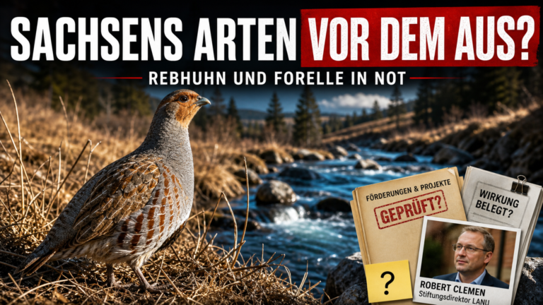 Ein Rebhuhn in einer Wiese und ein Gebirgsbach als Symbol für die aktuellen Artenschutzmaßnahmen in Sachsen.