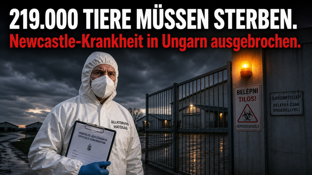 Ein Veterinär in Schutzkleidung vor einer Geflügelfarm bei einem Ausbruch der Newcastle-Krankheit in Ungarn.
