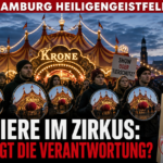 Protestierende Aktivisten vor dem Circus Krone in Hamburg trotz politischer Ablehnung von Wildtieren im Zirkus auf dem Heiligengeistfeld.