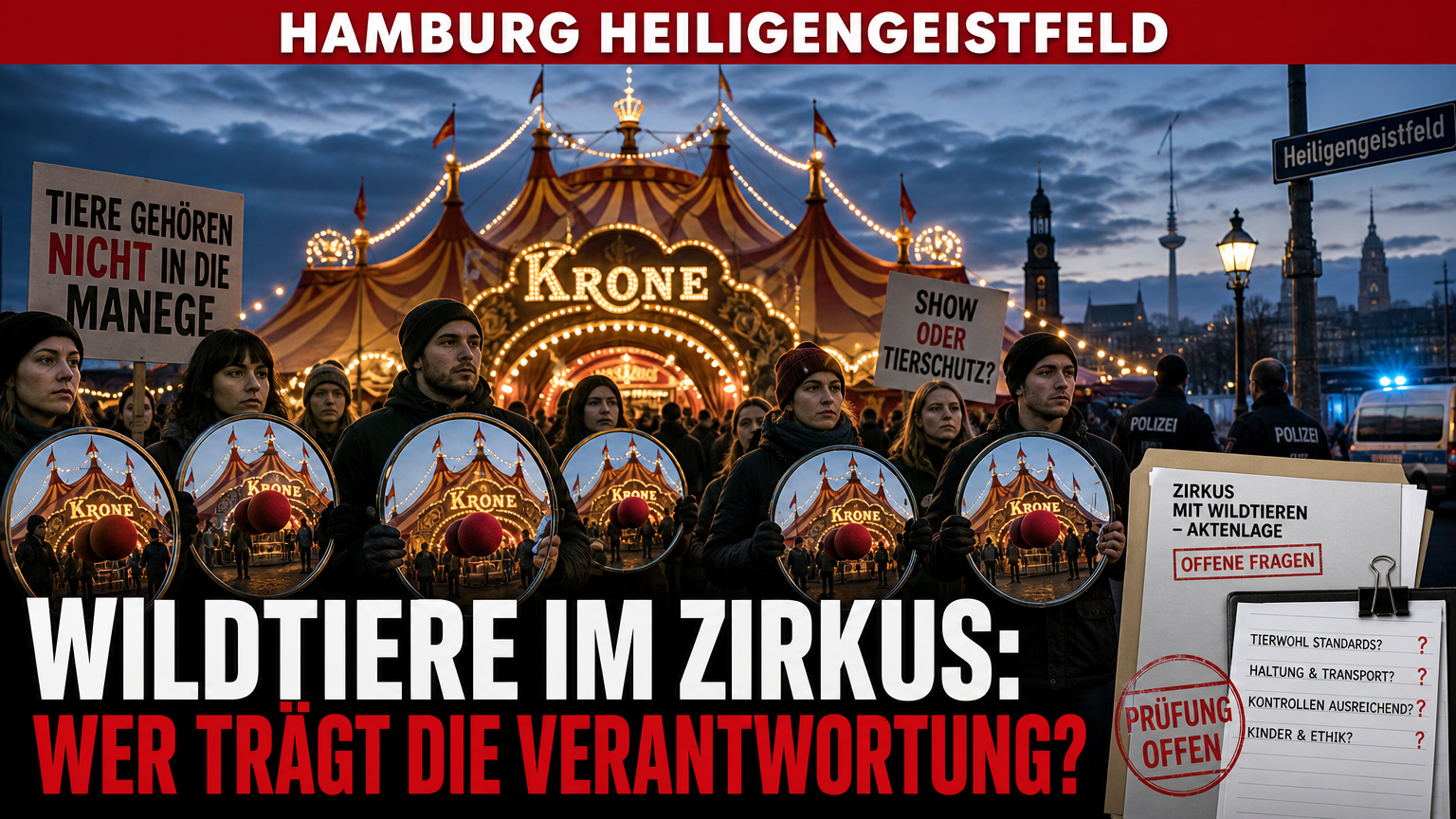 Protestierende Aktivisten vor dem Circus Krone in Hamburg trotz politischer Ablehnung von Wildtieren im Zirkus auf dem Heiligengeistfeld.