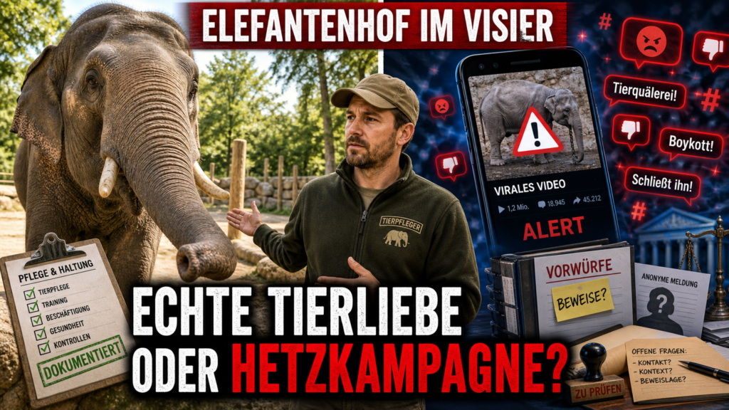 Ein Tierpfleger auf dem Elefantenhof Platschow zwischen einem Elefanten und einer digitalen Shitstorm-Grafik.