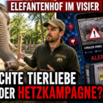 Ein Tierpfleger auf dem Elefantenhof Platschow zwischen einem Elefanten und einer digitalen Shitstorm-Grafik.