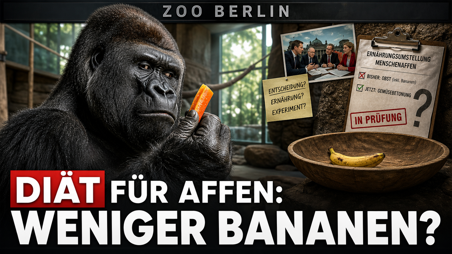 Berliner Zoo: Bericht über mögliche Umstellung der Ernährung von Menschenaffen 1 Ein Gorilla betrachtet nachdenklich ein Stück Gemüse im Rahmen der Ernährungsumstellung bei Menschenaffen im Zoo Berlin.