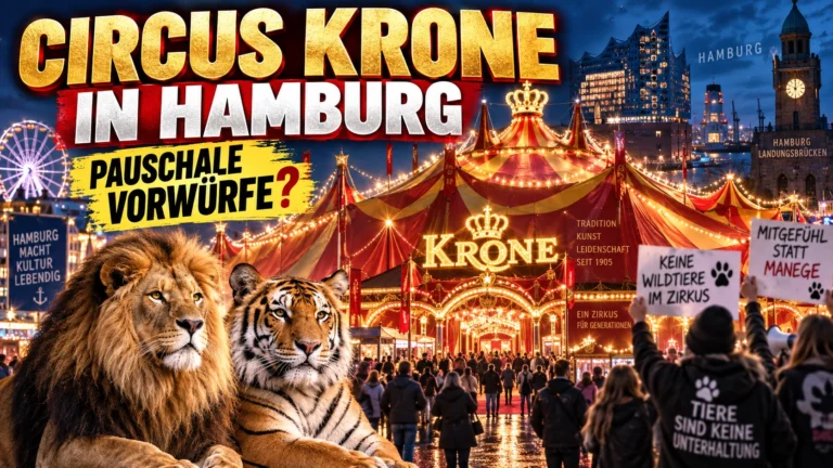 Circus Krone Hamburg mit Löwe und Tiger vor dem beleuchteten Zirkuszelt sowie protestierenden Tierschutzaktivisten.