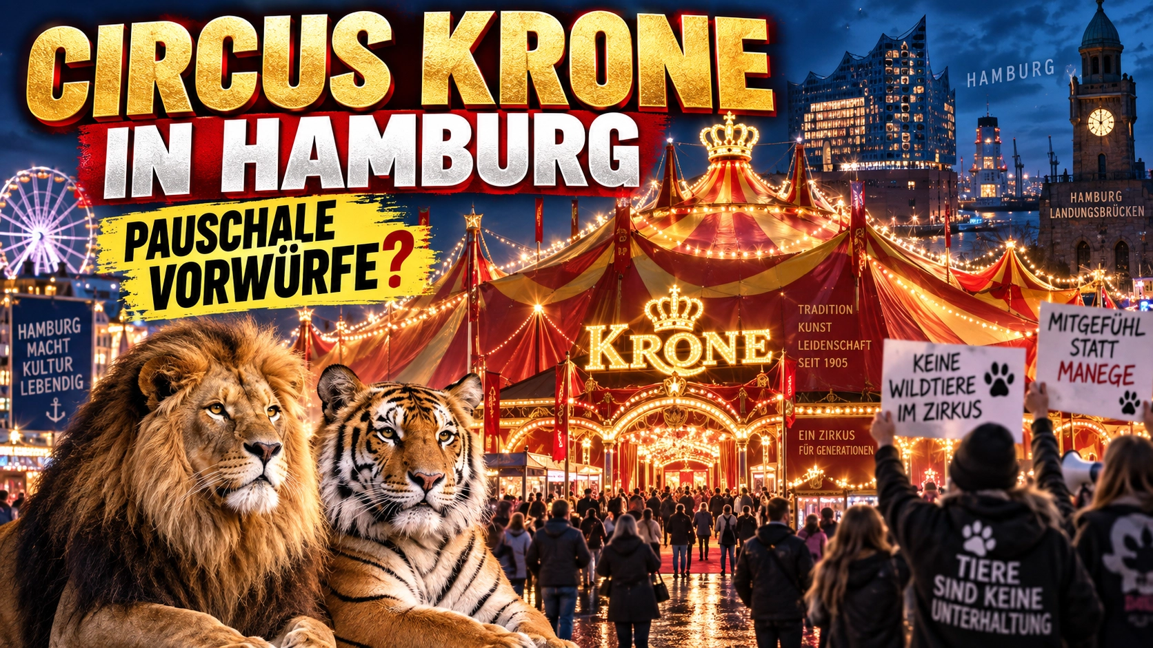 Circus Krone Hamburg mit Löwe und Tiger vor dem beleuchteten Zirkuszelt sowie protestierenden Tierschutzaktivisten.