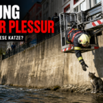 Feuerwehr Chur rettet Katze aus der Plessur mit einem Hubretter von der hohen Ufermauer.