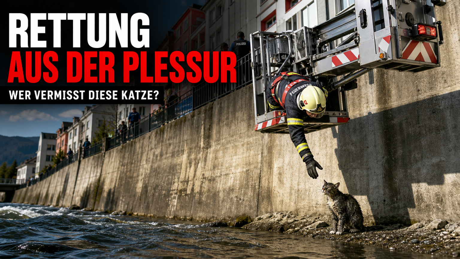 Feuerwehr Chur rettet Katze aus der Plessur mit einem Hubretter von der hohen Ufermauer.