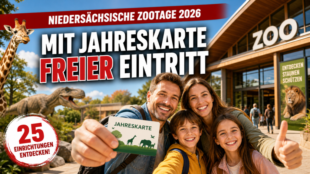 Zootage 2026 Niedersachsen Bremen: Eine glückliche Familie präsentiert ihre Jahreskarte für die Zootage 2026 in Niedersachsen Bremen vor einem modernen Zooeingang.