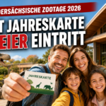 Zootage 2026 Niedersachsen Bremen: Eine glückliche Familie präsentiert ihre Jahreskarte für die Zootage 2026 in Niedersachsen Bremen vor einem modernen Zooeingang.
