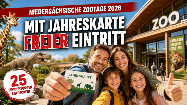 Zootage 2026 Niedersachsen Bremen: Eine glückliche Familie präsentiert ihre Jahreskarte für die Zootage 2026 in Niedersachsen Bremen vor einem modernen Zooeingang.