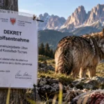Wolfsabschuss Südtirol 2026: Wolf neben einem offiziellen Dekret zur Wolfsentnahme vor Südtiroler Alpenkulisse.