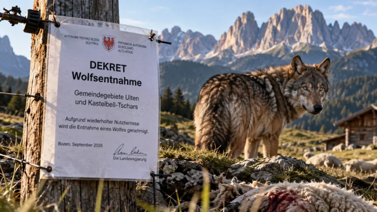Wolfsabschuss Südtirol 2026: Wolf neben einem offiziellen Dekret zur Wolfsentnahme vor Südtiroler Alpenkulisse.