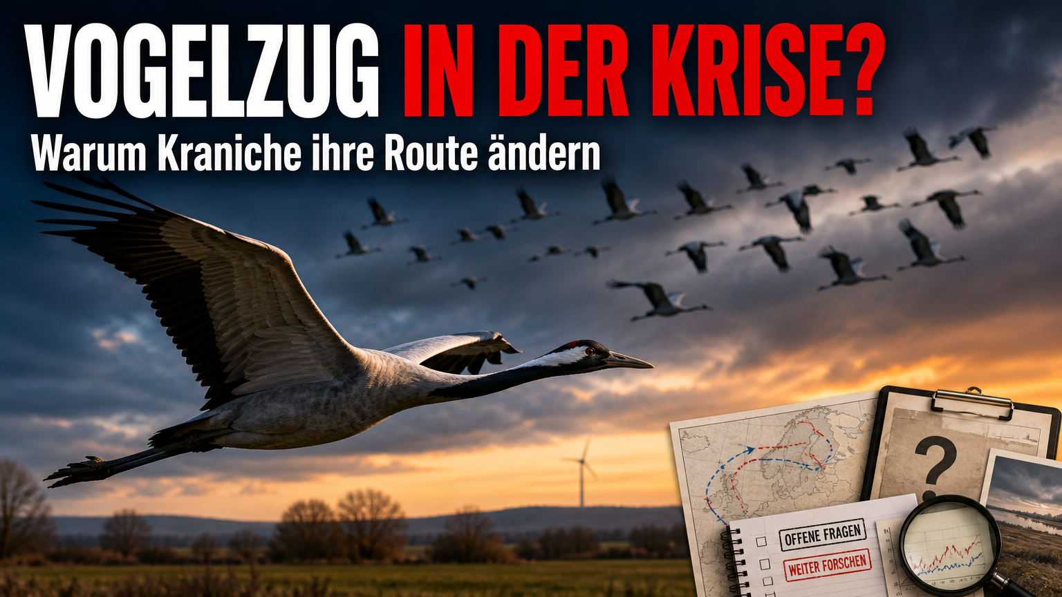 Ein Kranichschwarm vor einem herbstlichen Himmel symbolisiert den Vogelzug in Hessen und Klimawandel.