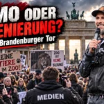 Robert Marc Lehmann Anti-Zoo-Demonstration Berlin: Robert Marc Lehmann vor dem Brandenburger Tor bei einer kritisch inszenierten Demo-Szene.