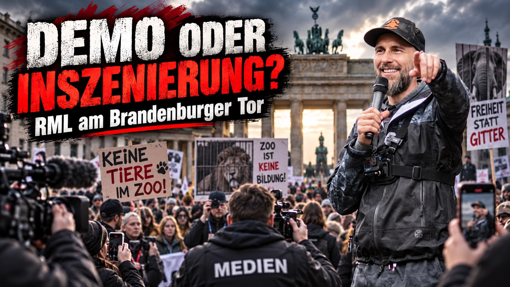 Robert Marc Lehmann Anti-Zoo-Demonstration Berlin: Robert Marc Lehmann vor dem Brandenburger Tor bei einer kritisch inszenierten Demo-Szene.