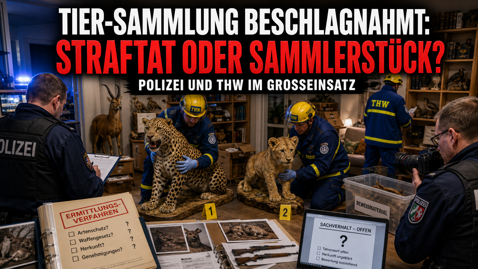 Polizeieinsatz in Rheda: Leopard, Löwe und Greifvögel unter sichergestellten Präparaten 1 Polizeieinsatz Rheda-Wiedenbrück präparierte Tiere: Polizeieinsatz in Rheda-Wiedenbrück bei der Sicherstellung von präparierte Tiere durch Einsatzkräfte von Polizei und THW.