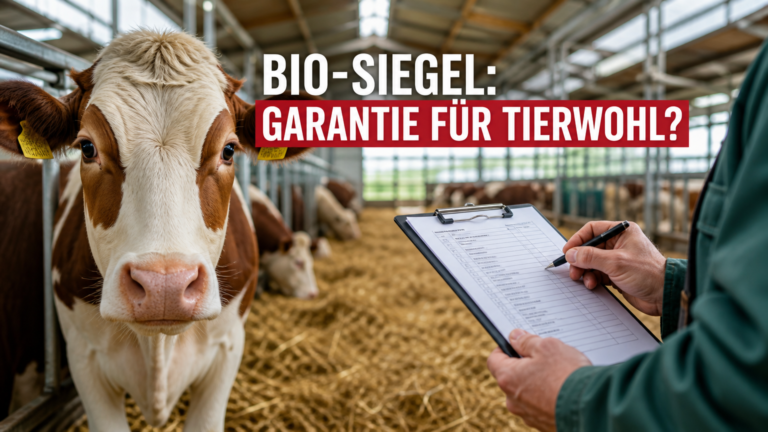 Eine neugierige Kuh in einem modernen Stall als Symbol für das Tierwohl in der ökologischen Tierhaltung.