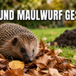 Ein Igel im Herbstlaub und ein Maulwurfshügel im Hintergrund bei der Aktion Deutschland sucht Igel und Maulwurf.