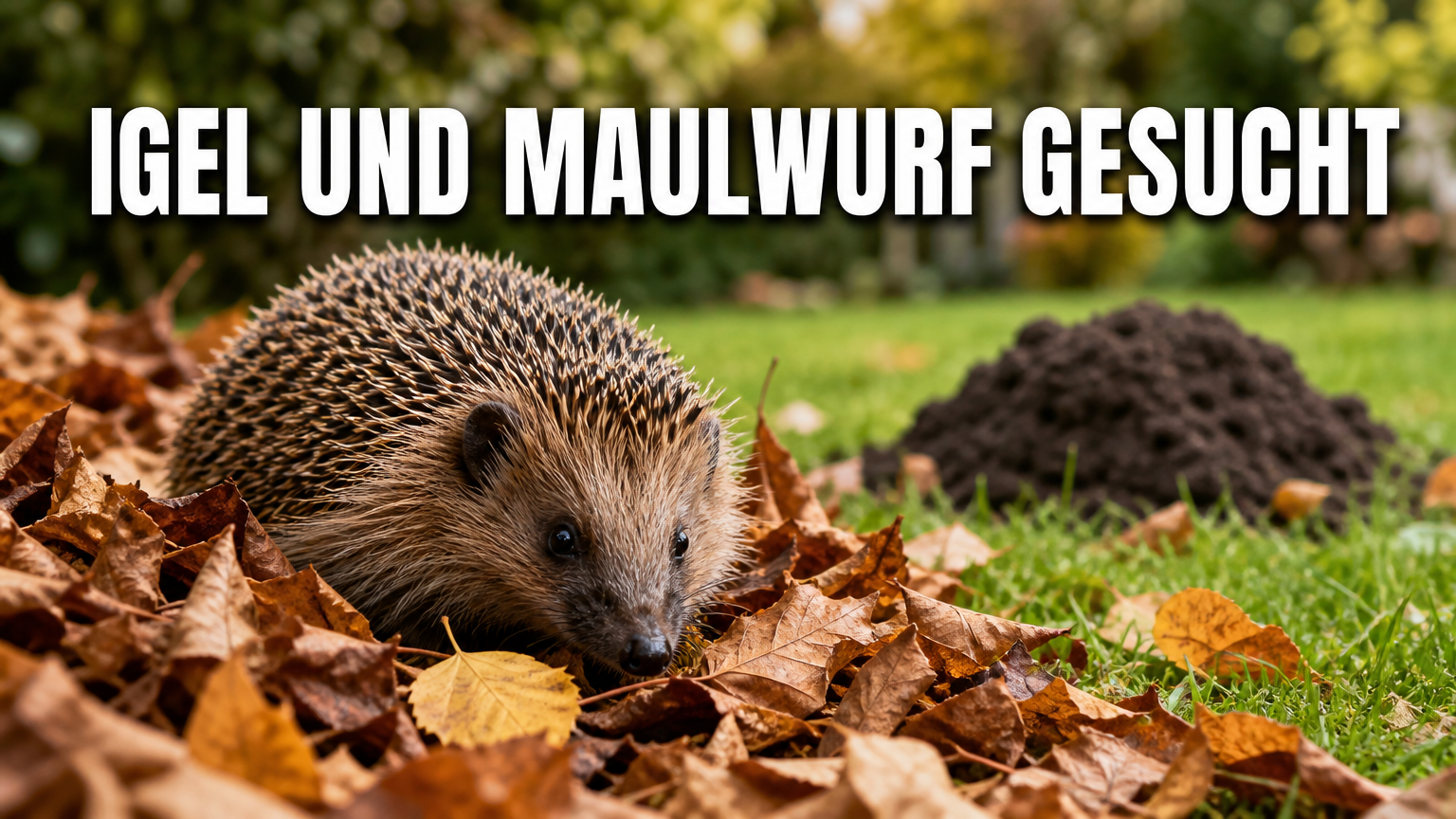 Ein Igel im Herbstlaub und ein Maulwurfshügel im Hintergrund bei der Aktion Deutschland sucht Igel und Maulwurf.