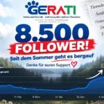 8.500 Follower bei GERATI: Titelbild mit GERATI-Logo, großem „8.500 Follower“-Schriftzug und einer steigenden Follower-Kurve seit dem Sommer.
