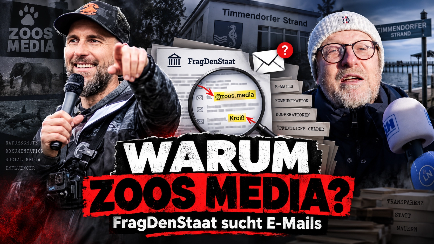FragDenStaat-Anfrage zu Zoos Media mit Robert Marc Lehmann, Sven Partheil-Böhnke und einer symbolischen Suche nach E-Mail-Korrespondenz.