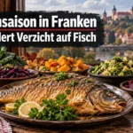 Karpfensaison in Franken mit gebratenem Karpfen, Herbstgemüse und Protesthinweis gegen Fisch als Speise.