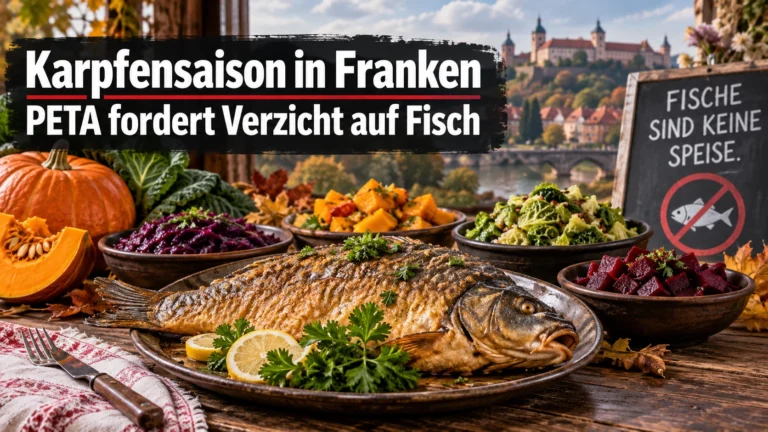Karpfensaison in Franken mit gebratenem Karpfen, Herbstgemüse und Protesthinweis gegen Fisch als Speise.