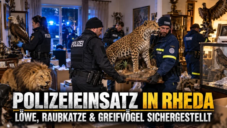 Polizeieinsatz Rheda-Wiedenbrück: Polizei und THW sichern Löwe, große Raubkatze und mehrere präparierte Greifvögel.